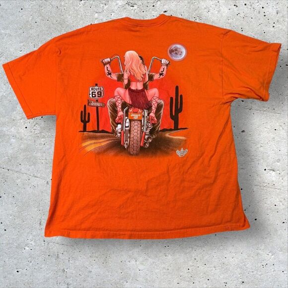 Vtg Johnny’s Route 69 Biker Pinup T-Shirt Orange Sz XL Motorcycle Chopper Moon - Picture 2 of 16